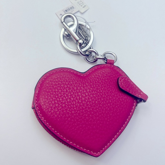 NWT-Coach-Heart 💖 Zip Keychain Pouch-Leather-Cerise/Pink-Pebbled Leather-Rivets - Picture 3 of 3